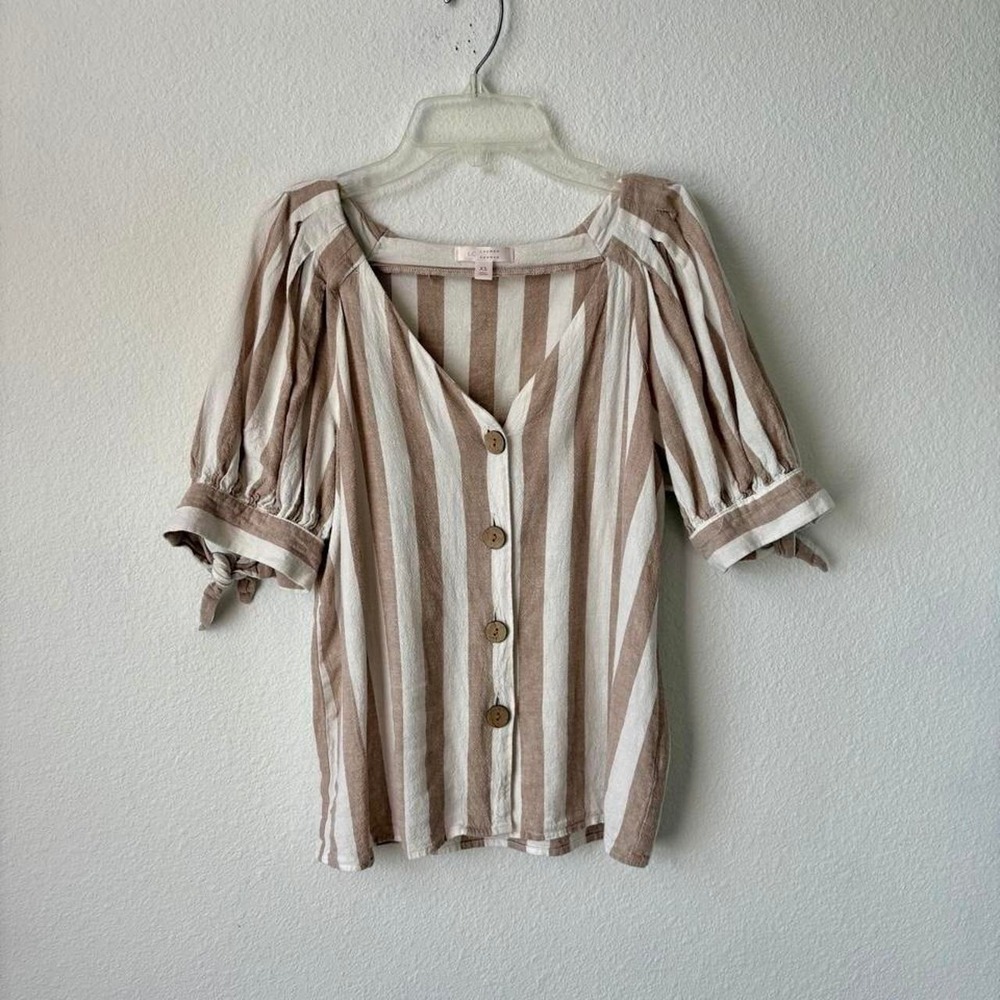 LC Lauren Conrad striped linen blend puff sleeve button front blouse Size XS